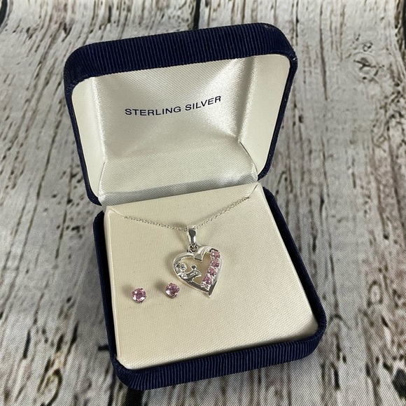 Sterling Silver Mother & Child Heart Necklace And Matching Earrings Gift Set New - Picture 1 of 5